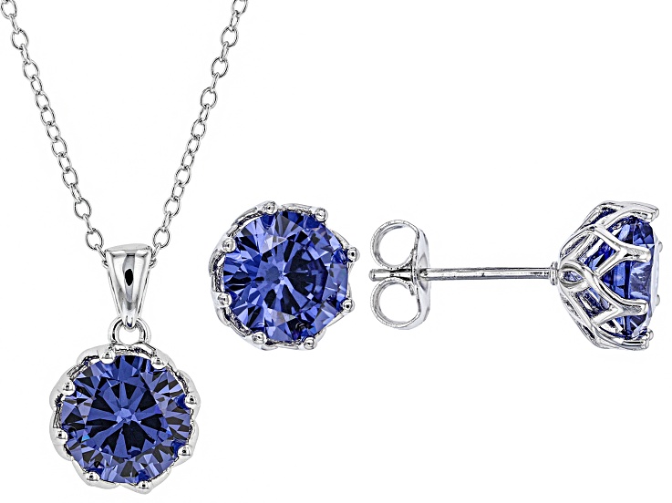 Blue Cubic Zirconia Rhodium Over Sterling Silver Center