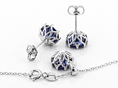 Blue Cubic Zirconia Rhodium Over Sterling Silver Center Design Earrings & Pendant With Chain