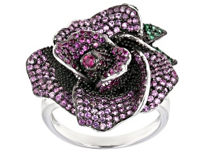 Lab Created Pink Sapphire & Lab Green Spinel Rhodium Over Silver Rose Ring 2.26ctw