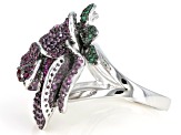 Pink Lab Sapphire, Red Lab Ruby, Lab Green Spinel Rhodium Over Silver Rose Ring 2.26ctw
