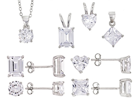 White Cubic Zirconia Rhodium Over Sterling Silver Earrings And Pendants With Chain Set of 4 22.04ctw