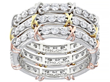 Picture of White Cubic Zirconia Rhodium And 14K Yellow and Rose Gold Over Silver Band Rings Set of 3 3.74ctw