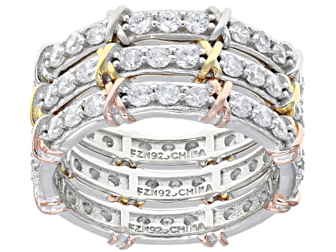 Jewels By Lux Sterling Silver Rhodium & Black-plate Gold & Rose-tone CZ 4 Ring Set