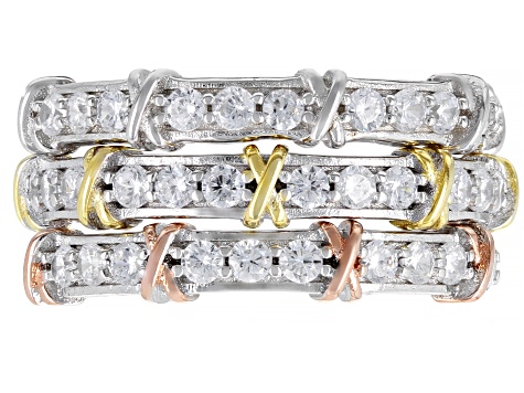 White Cubic Zirconia Rhodium And 14K Yellow and Rose Gold Over Silver Band Rings Set of 3 3.74ctw