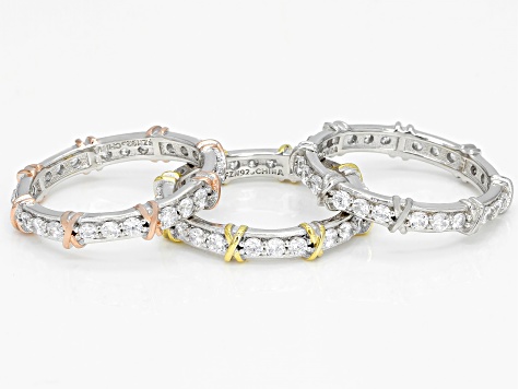 White Cubic Zirconia Rhodium And 14K Yellow and Rose Gold Over Silver Band Rings Set of 3 3.74ctw