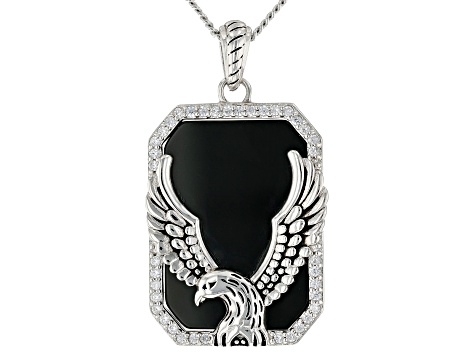 Black Onyx And White Cubic Zirconia Rhodium Over Silver Mens Eagle Pendant With Chain 15.61ctw
