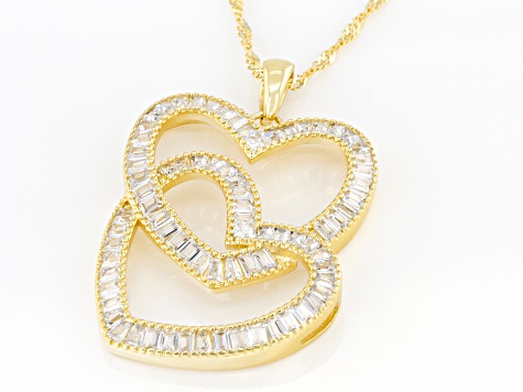 White Cubic Zirconia 18K Yellow Gold Over Sterling Silver Heart Pendant With Chain