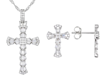 White Cubic Zirconia Rhodium Over Silver Cross Pendant With Chain And Earrings (0.74ctw DEW)