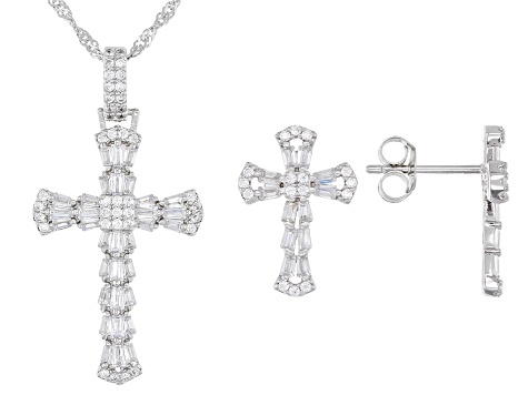 White Cubic Zirconia Rhodium Over Silver Cross Pendant With Chain And Earrings (0.74ctw DEW)