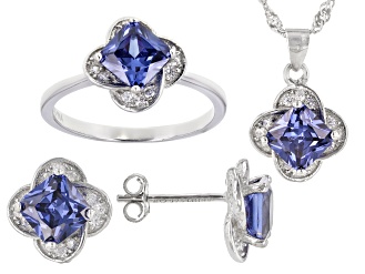 Blue And White Cubic Zirconia Rhodium Over Sterling Silver Jewelry Set 6.13ctw