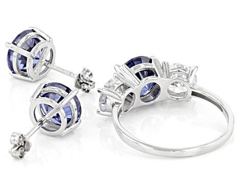 Blue And White Cubic Zirconia Rhodium Over Sterling Silver Ring and Earrings 11.50ctw
