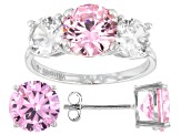Pink And White Cubic Zirconia Rhodium Over Sterling Silver Ring And Earrings 11.50ctw