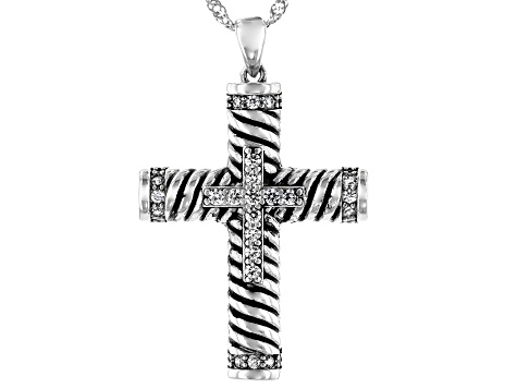 White Cubic Zirconia Rhodium Over Sterling Silver Cross Pendant With Chain 0.85ctw