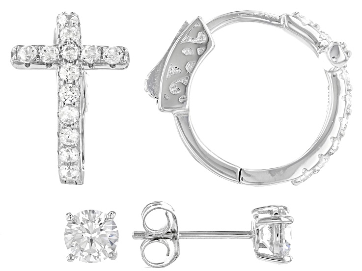 White Cubic Zirconia Rhodium Over Sterling Silver Cross Hoop