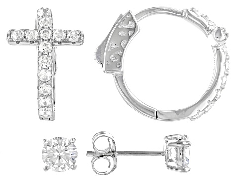 White Cubic Zirconia Rhodium Over Sterling Silver Cross Hoop And Stud Earring Set 2.35ctw