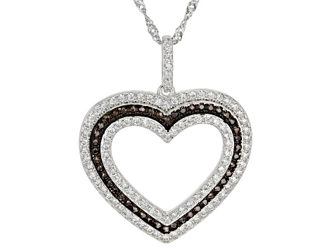 Brown And White Cubic Zirconia Rhodium Over Sterling Silver Heart Pendant With Chain 1.37ctw