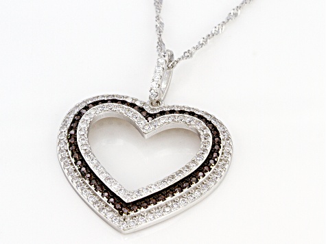 Brown And White Cubic Zirconia Rhodium Over Sterling Silver Heart Pendant With Chain 1.37ctw