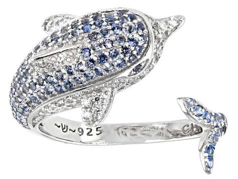 Blue And White Cubic Zirconia Rhodium Over Sterling Silver Dolphin Ring 1.70ctw