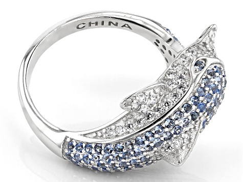 Blue And White Cubic Zirconia Rhodium Over Sterling Silver Dolphin Ring 1.70ctw