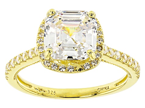 White Cubic Zirconia 18K Yellow Gold Over Sterling Silver Asscher Cut Ring 4.35ctw