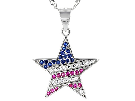 White Cubic Zirconia, Lab Blue Spinel, And Red Lab Ruby Rhodium Over Silver Pendant