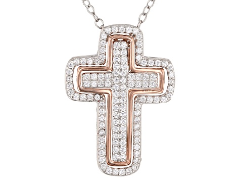 White Cubic Zirconia Rhodium and 14k Rose Gold Over Sterling Silver Pendant With Chain 0.80ctw