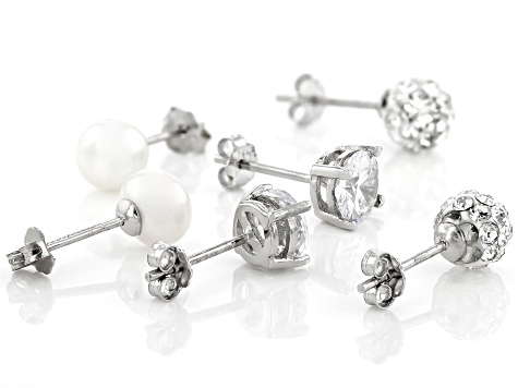 White Cubic Zirconia, Cultured Freshwater Pearl, And  Crystal Rhodium Over Silver Earrings