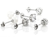 White Cubic Zirconia, Cultured Freshwater Pearl, And  Crystal Rhodium Over Silver Earrings
