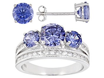 Picture of Blue And White Cubic Zirconia Rhodium Over Sterling Silver Ring And Earrings 6.51ctw