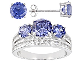 Blue And White Cubic Zirconia Rhodium Over Sterling Silver Ring And Earrings 6.51ctw