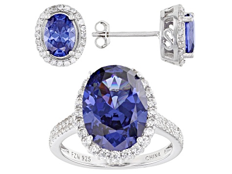 Blue And White Cubic Zirconia Rhodium Over Sterling Silver Ring And Earrings Set 11.59ctw