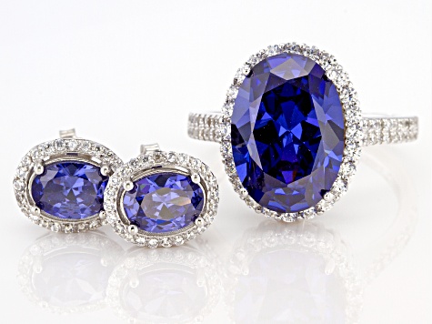 Blue And White Cubic Zirconia Rhodium Over Sterling Silver Ring And Earrings Set 11.59ctw