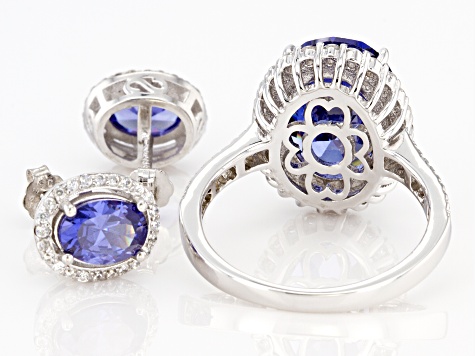 Blue And White Cubic Zirconia Rhodium Over Sterling Silver Ring And Earrings Set 11.59ctw