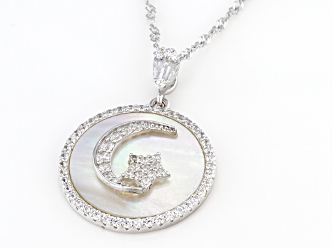 White Cubic Zirconia And Mother Of Pearl Rhodium Over Silver Pendant With Chain 1.00ctw