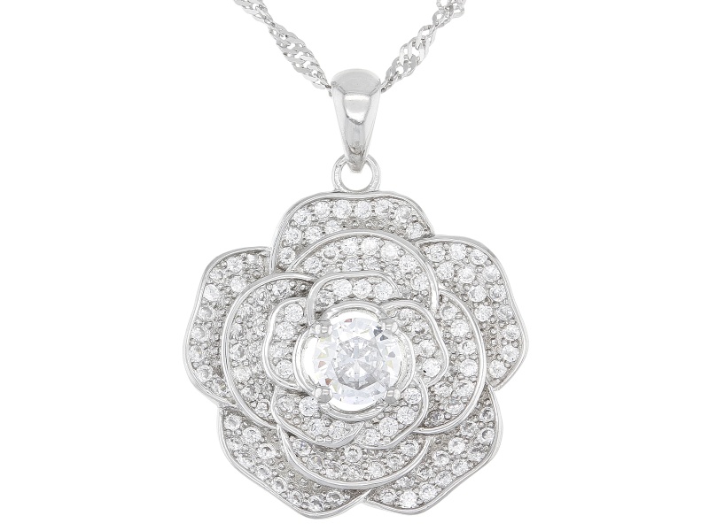 White Cubic Zirconia Rhodium Over Sterling Silver Flower Pendant With Chain 1.83ctw