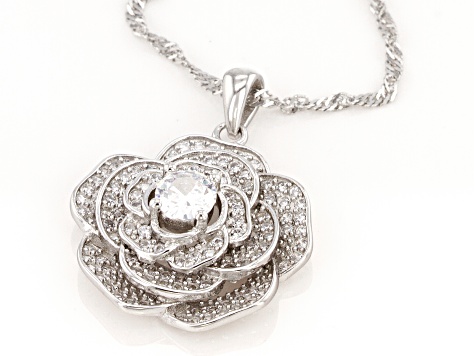 White Cubic Zirconia Rhodium Over Sterling Silver Flower Pendant With Chain 1.83ctw