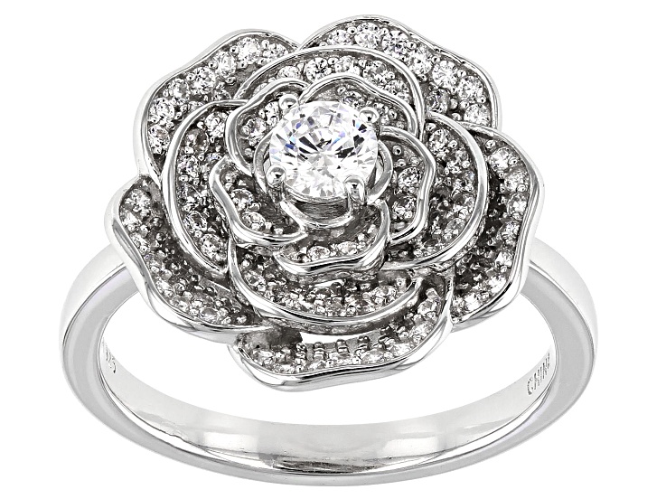 White Cubic Zirconia Rhodium Over Sterling Silver Flower Ring 0.99ctw