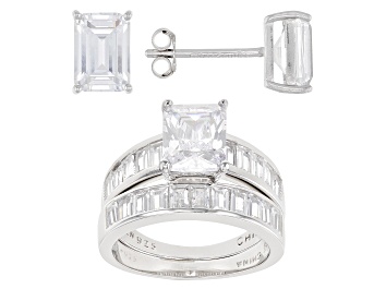 Picture of White Cubic Zirconia Rhodium Over Sterling Silver Ring With Band And Earrings 8.68ctw