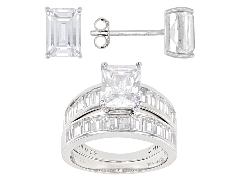 White Cubic Zirconia Rhodium Over Sterling Silver Ring With Band And Earrings 8.68ctw