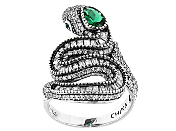 Picture of White Cubic Zirconia And Emerald Simulant Rhodium Over Silver Snake Ring 3.16ctw