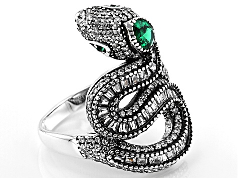 Green And White Cubic Zirconia Rhodium Over Silver Snake Ring 3.16ctw