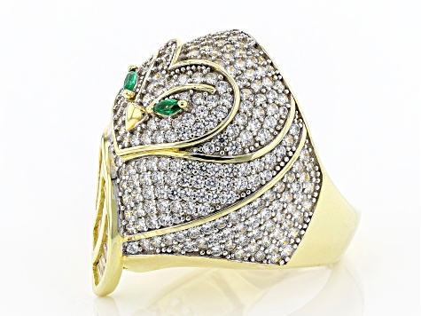 White Cubic Zirconia And Emerald Simulant 18K Yellow Gold Over Silver Owl Ring 4.76ctw
