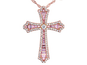 Pink And White Cubic Zirconia 18k Rose Gold Over Sterling Silver Cross Pendant With Chain 2.00ctw