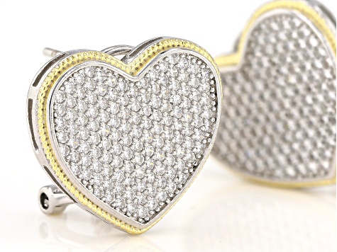 White Cubic Zirconia Rhodium And 14K Yellow Gold Over Sterling Silver Heart Earrings 0.73ctw