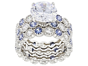 Picture of Blue and White Cubic Zirconia Rhodium Over Sterling Silver Ring Set 9.88ctw