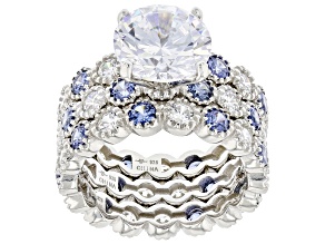 Blue and White Cubic Zirconia Rhodium Over Sterling Silver Ring Set 9.88ctw