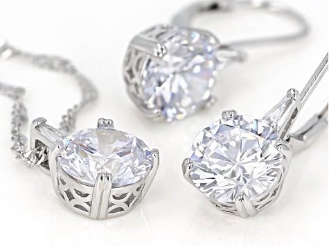 White Cubic Zirconia Rhodium Over Sterling Silver Earrings And Pendant With Chain 9.20ctw