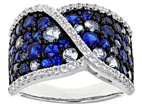 Lab Created Blue Spinel And White Cubic Zirconia Rhodium Over Sterling Silver Ring 4.74ctw