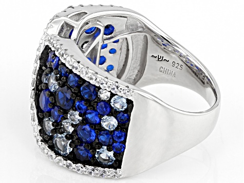 Lab Created Blue Spinel And White Cubic Zirconia Rhodium Over Sterling Silver Ring 4.74ctw