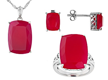 Picture of Pink Onyx Rhodium Over Sterling Silver Ring, Stud Earrings, Pendant w/Chain Set